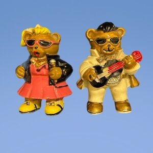 80s Vintage Rockstar Bear Figurine Lapel Pins Set - Black, Pink, Yellow